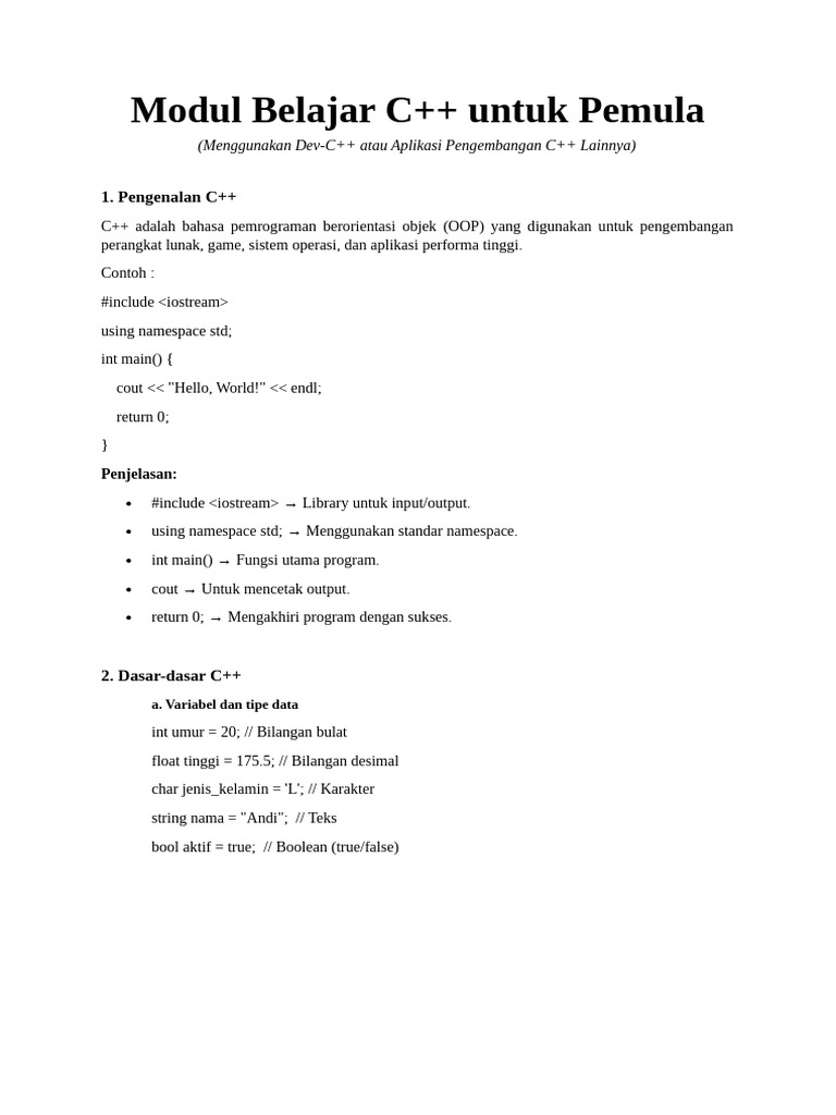 Modul Belajar C++ Untuk Pemula | PDF