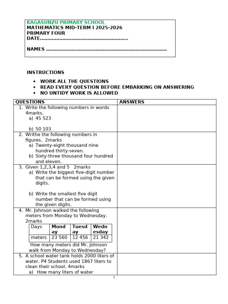 Primary Four Mathematics Mid-Term Exam | PDF | Chess | Chess Theory