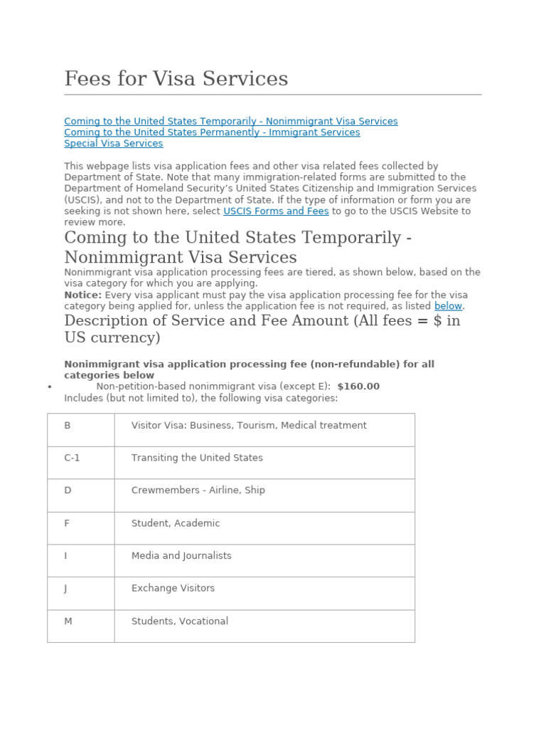 Visa Application Fees Overview | PDF | Travel Visa | United States ...
