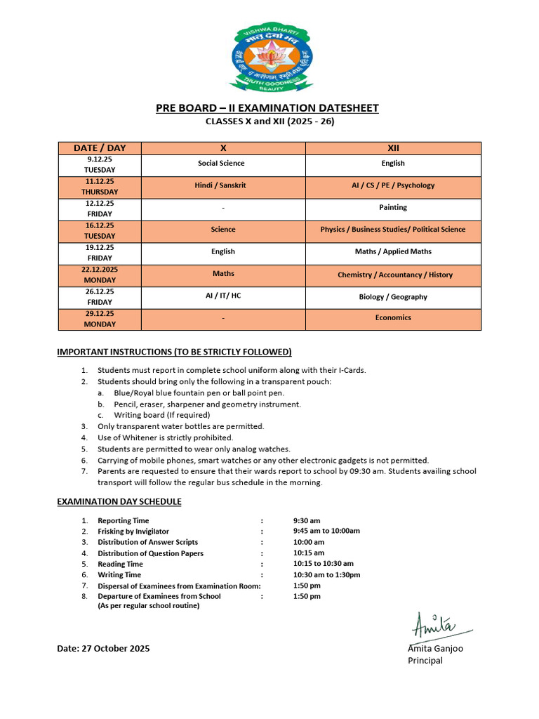 Pre Board - Ii Examination Datesheet: CLASSES X and XII (2025 - 26 ...