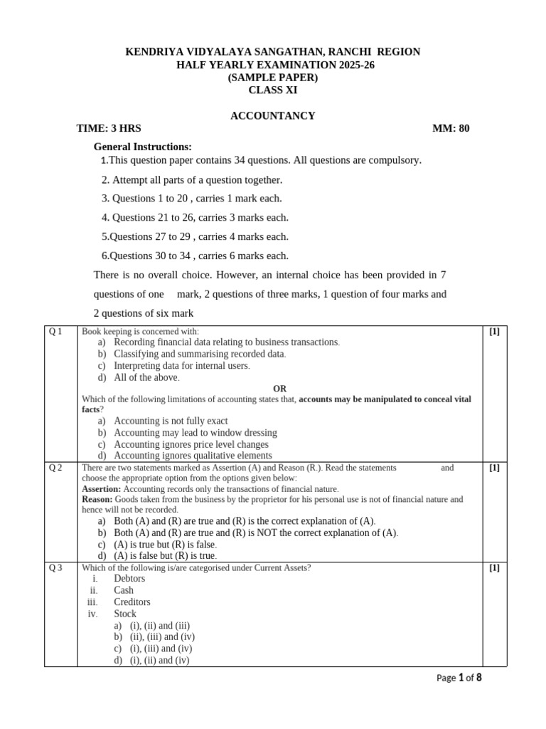 Class XI Accountancy Sample Paper 2025-26 | PDF | Debits And Credits ...