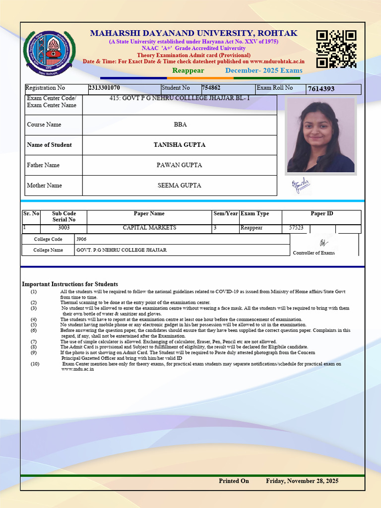 December 2025 Exam Admit Card Instructions | PDF