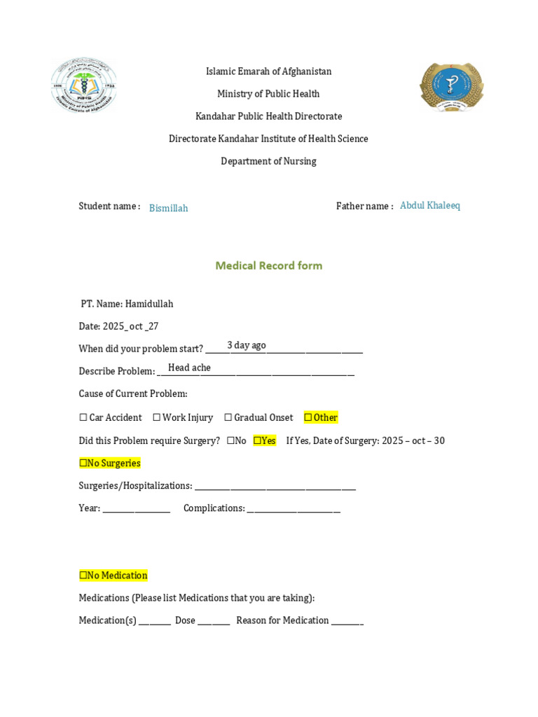 Medical Record Form for Hamidullah | PDF