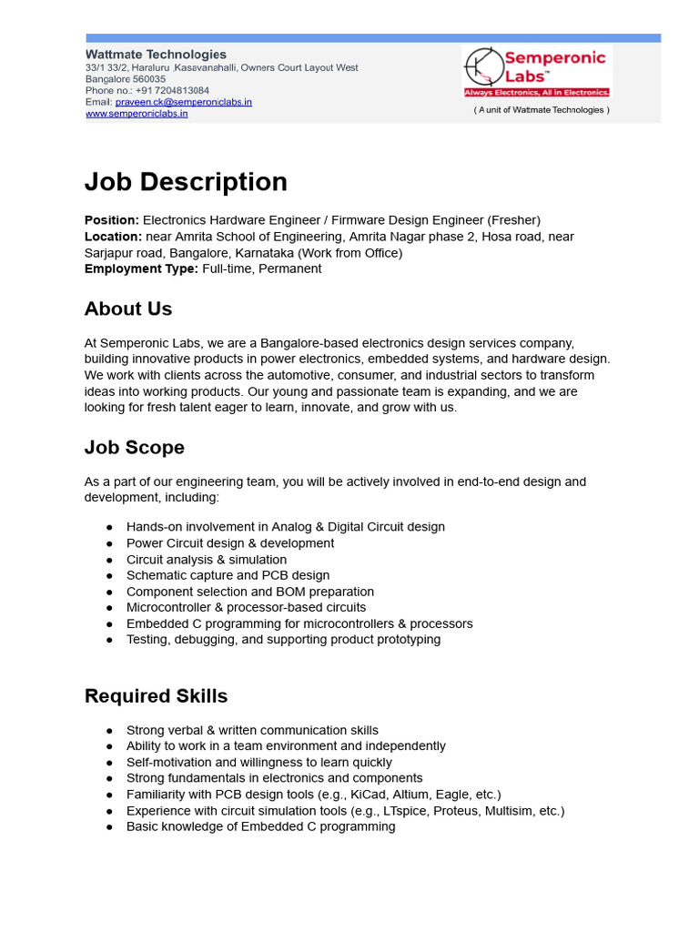 Fresher Electronics Engineer Job in Bangalore | PDF