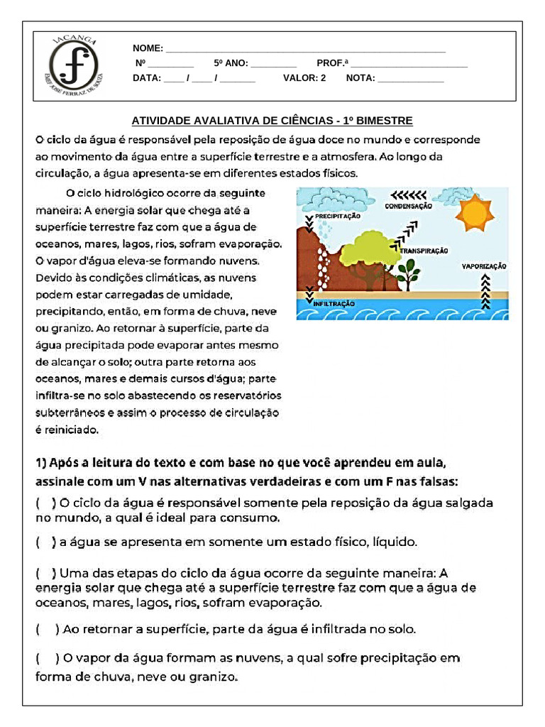 Atividade Avaliativa de Ciências 5º Ano | PDF
