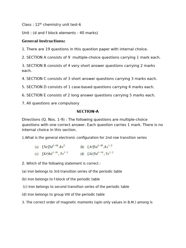 12th Chemistry Unit Test: d & f Block Elements | PDF | Transition ...