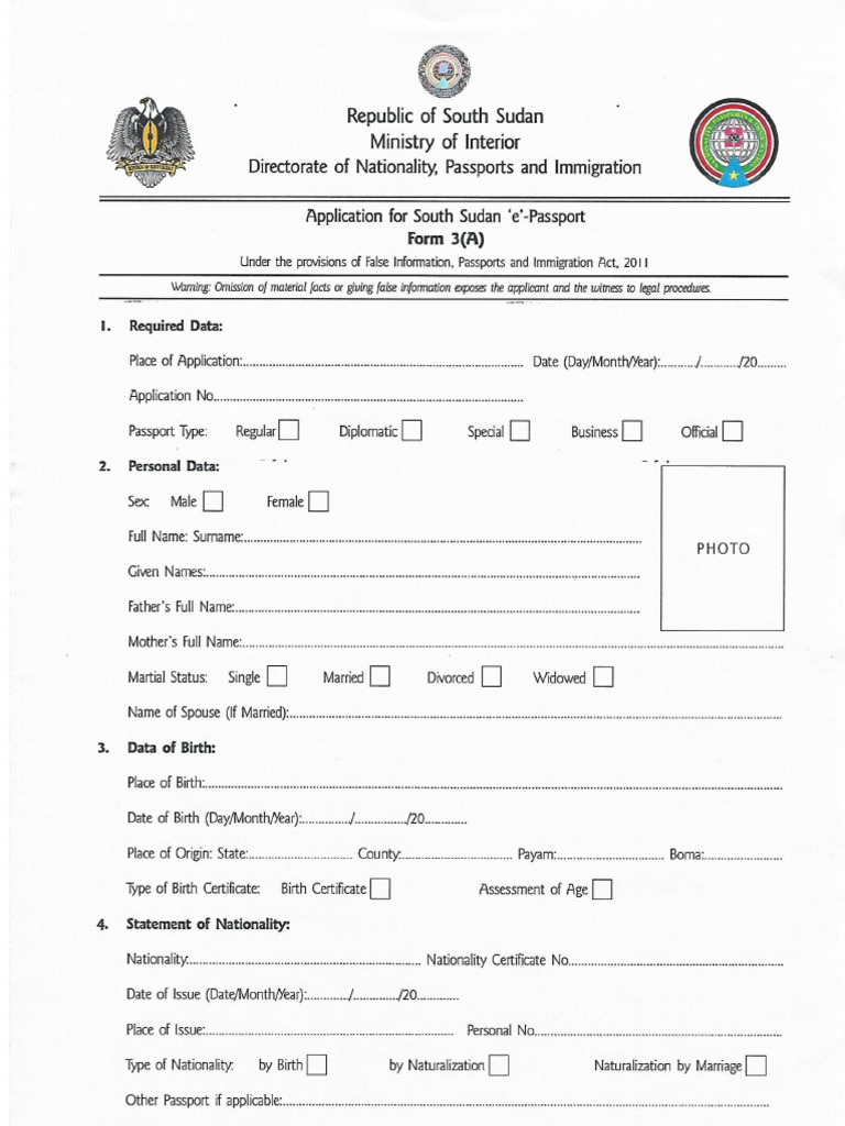 Application For South Sudan e Passport | PDF