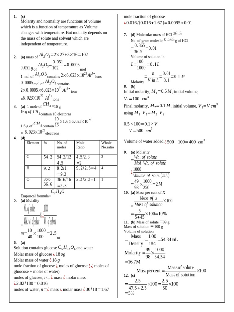 Molarity, Molality, and Chemical Calculations | PDF | Molar ...