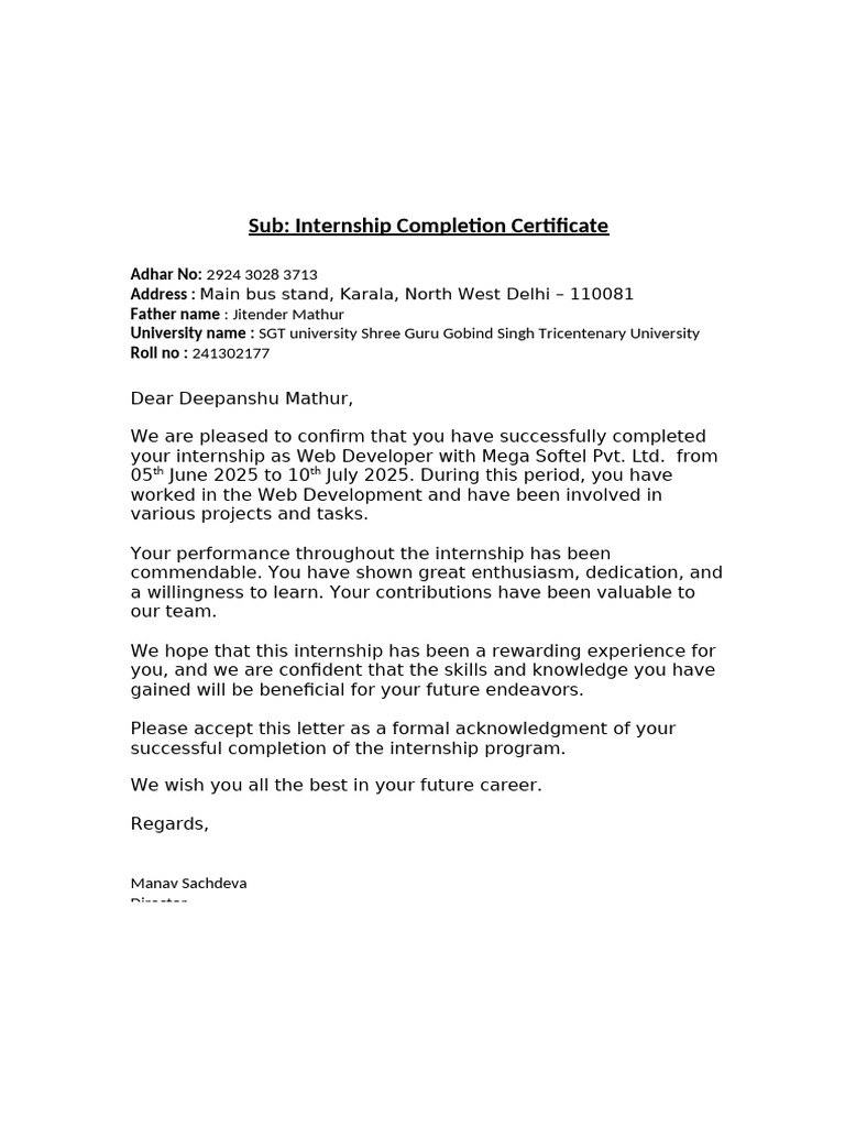 Internship Completion Certificate - Web Developer | PDF