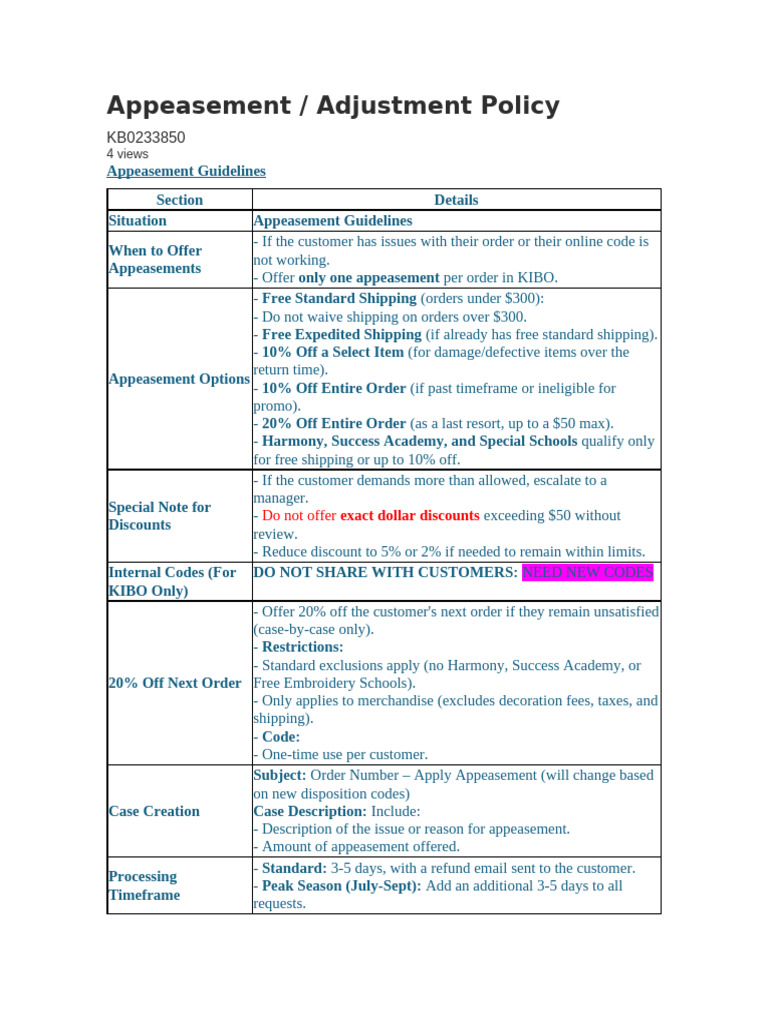 Appeasement Adjustment Policy | PDF