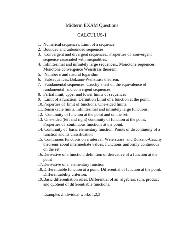 Calculus 1 Midterm Exam Questions | PDF