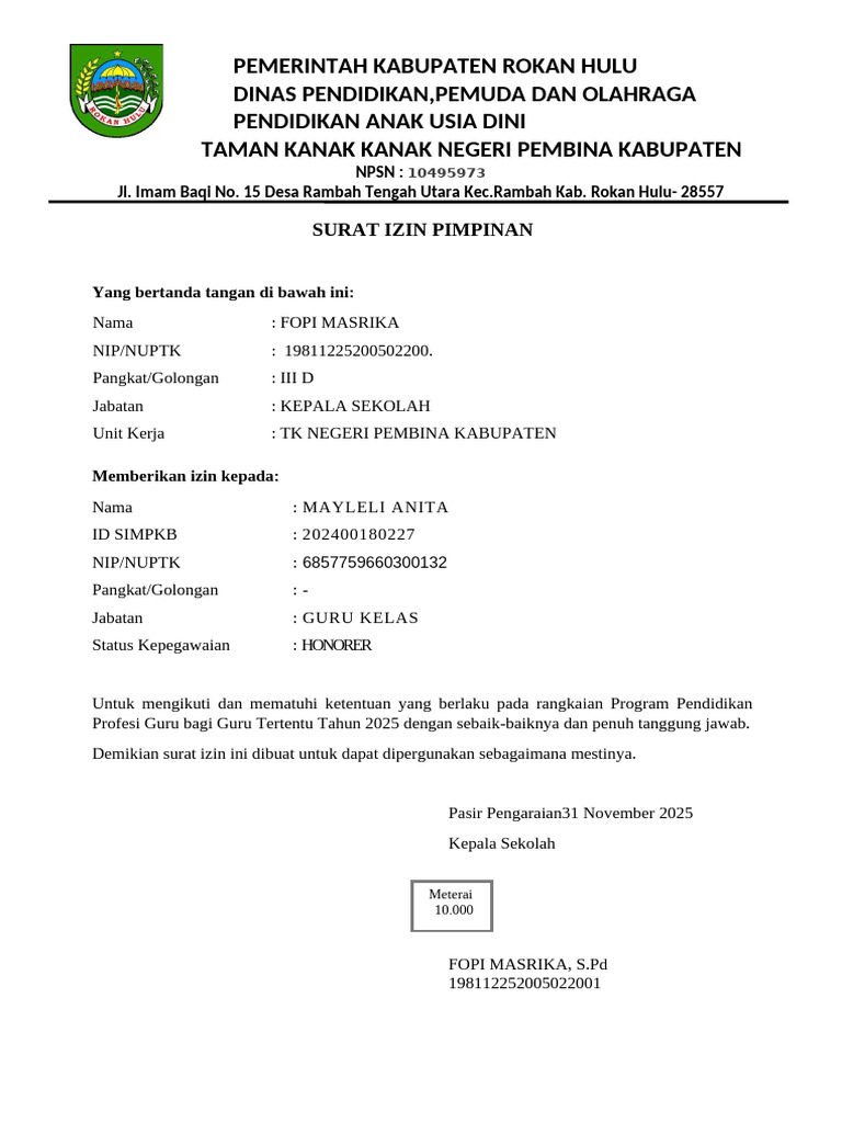Surat Izin Program Pendidikan Guru 2025 | PDF