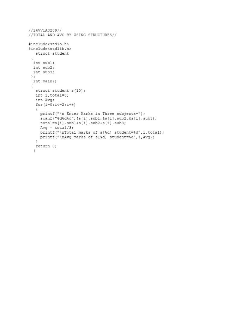 Calculate Total and Average Marks in C | PDF