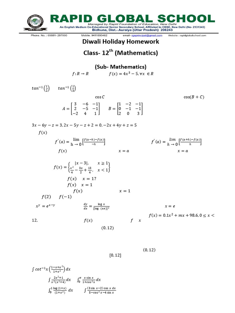 Class 12 Maths Diwali Holiday Homework Pdf Function Mathematics