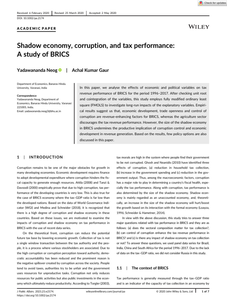 Shadow economy corruption and tax performance A study of BRICS | PDF ...