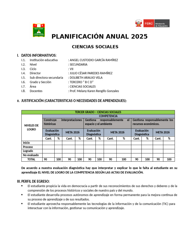 Planificación Anual 2025 Ciencias Sociales | PDF | Enseñando | Aprendizaje