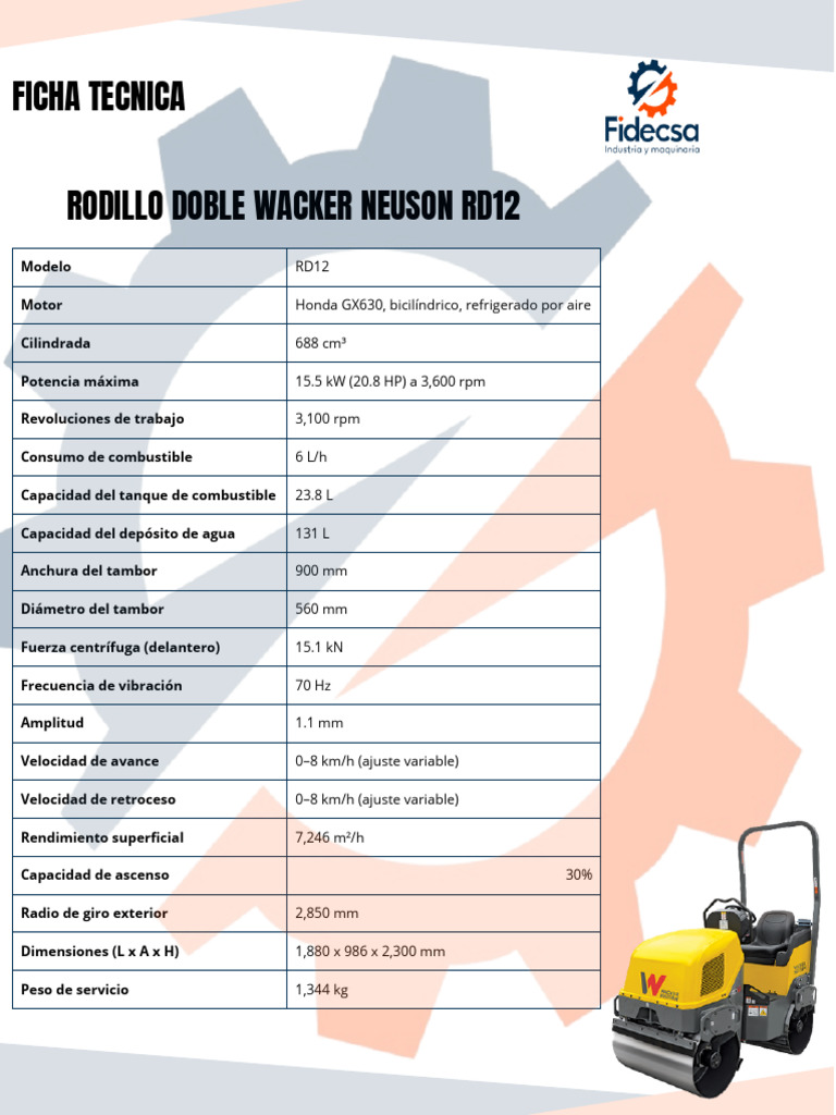 Ficha Técnica Rodillo Vibratorio Doble RD12 WACKER NEUSON FIDECSA | PDF