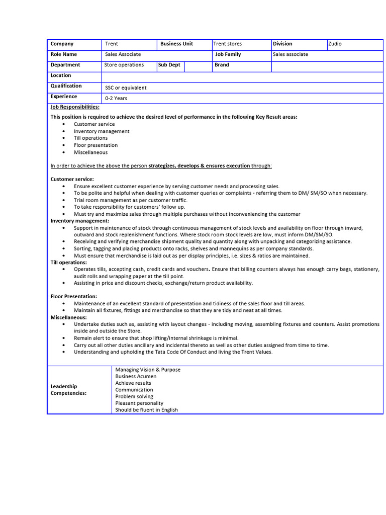 Jd - Sales Associate Zudio | PDF | Merchandising | Economies