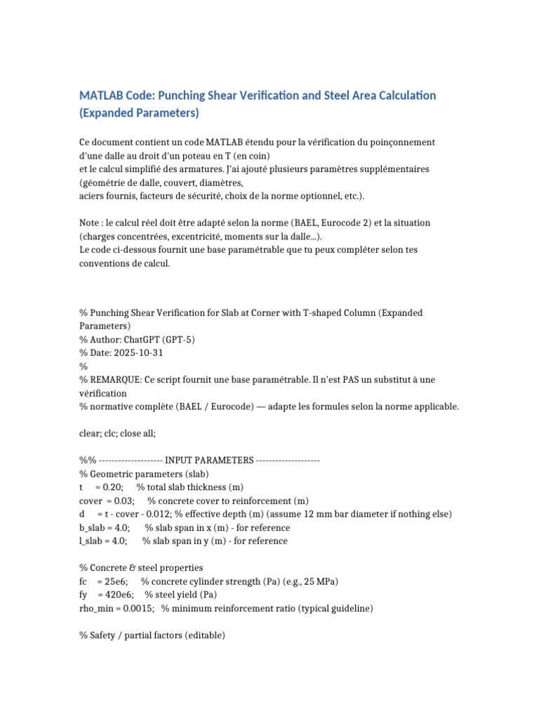 MATLAB Punching Shear & Steel Area Code | PDF | Area | Column