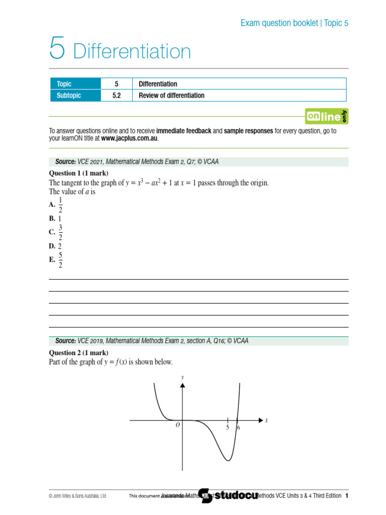 Differentiation Exam Questions Guide | PDF | Algebra | Calculus