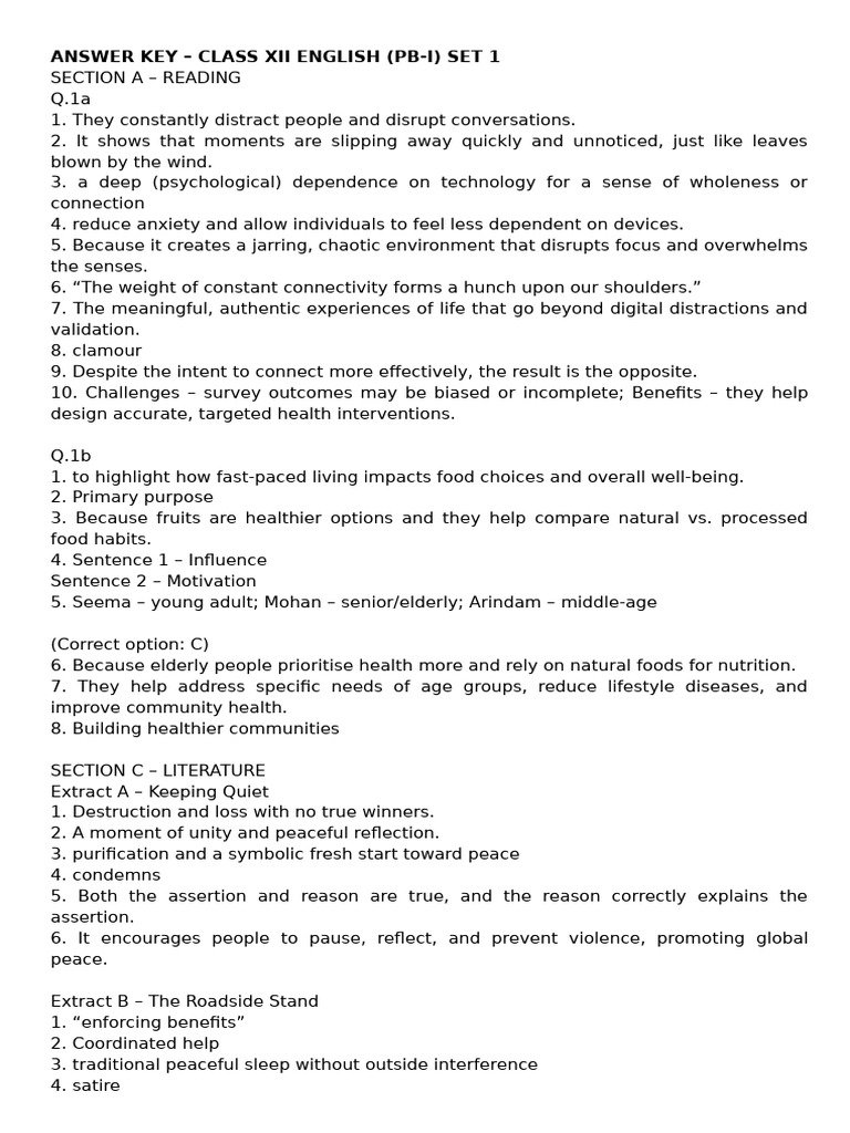 Answer Key for Class 12 Pb-i Set 1 | PDF | Nostalgia | Narrative