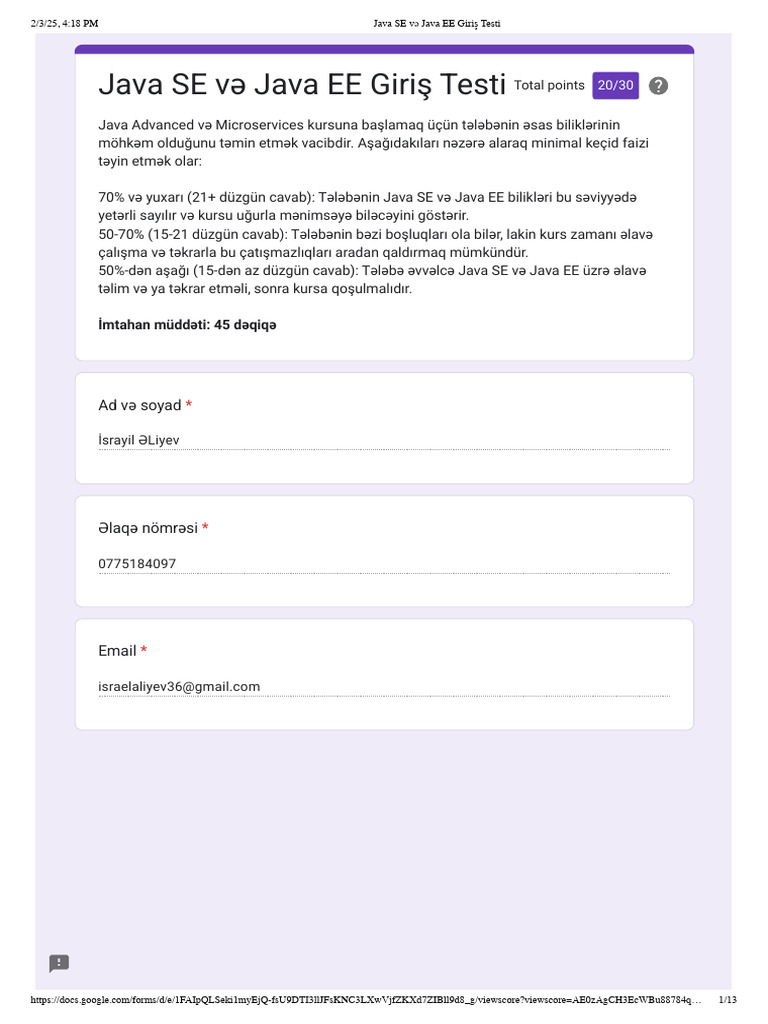 Java SE VƏ Java EE Giriş Testi | PDF