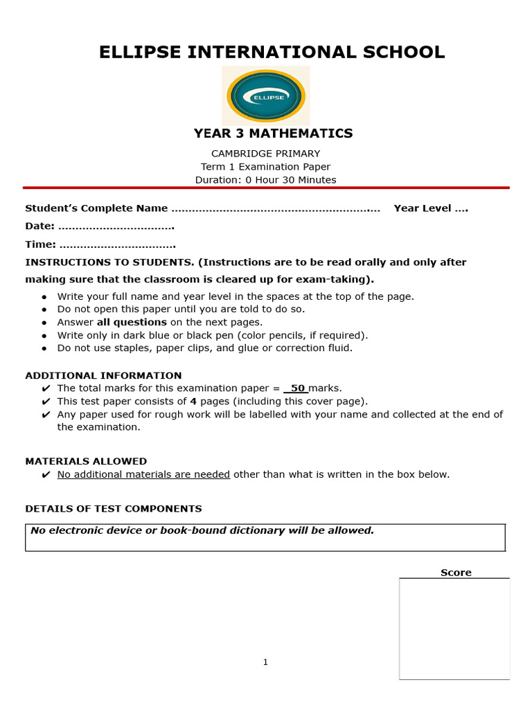 Cambridge Primary Term 1 Exam Paper | PDF