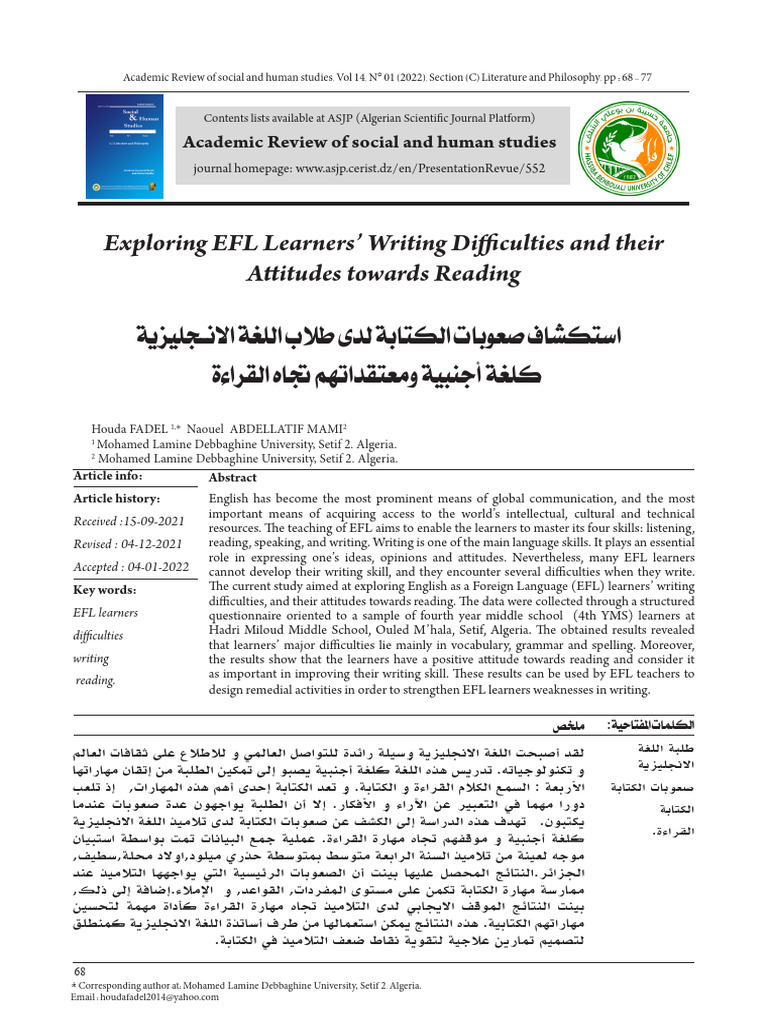 Exploring Efl Learners' Writing Difficulties and Their Attitudes ...