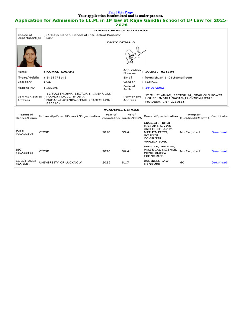 LL.M. Admission Application Status 2025-2026 | PDF | Vocational ...