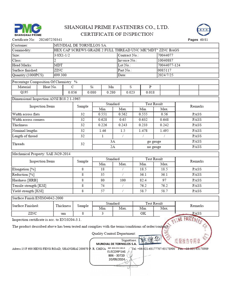 Inspection Certificate for Fasteners | PDF | Screw | Mechanical Engineering