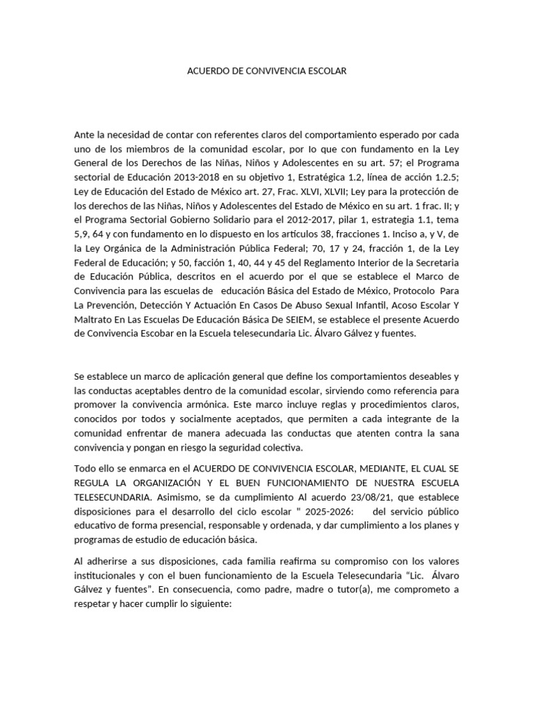 Acuerdo de Convivencia Escolar 2025-2026 | PDF | Escuelas | Institución