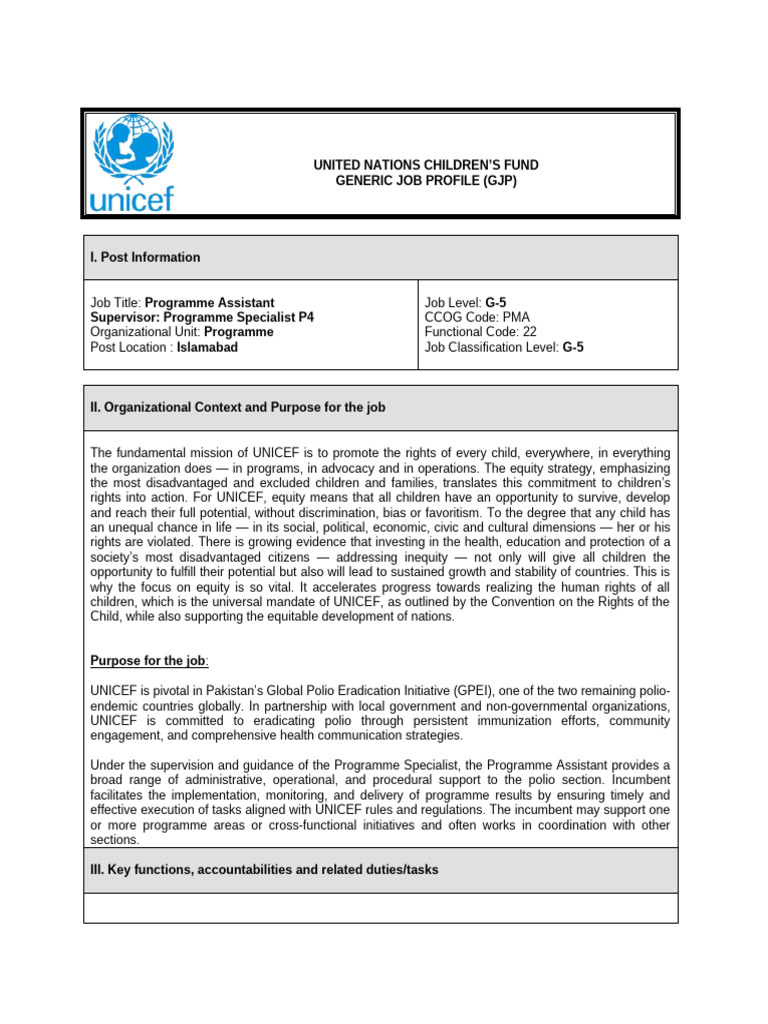 UNICEF Programme Assistant Job Profile | PDF | Unicef | Logistics
