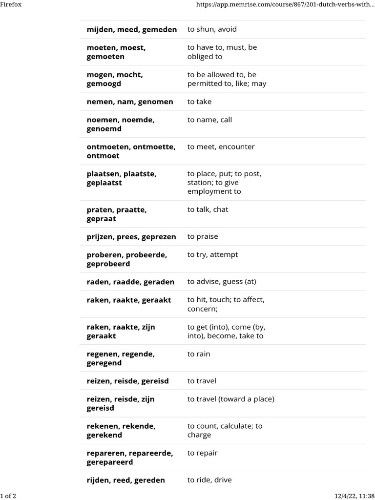 Level 5 - 101 - 125 - 201 Dutch Verbs With Past Tense - Memrise | PDF