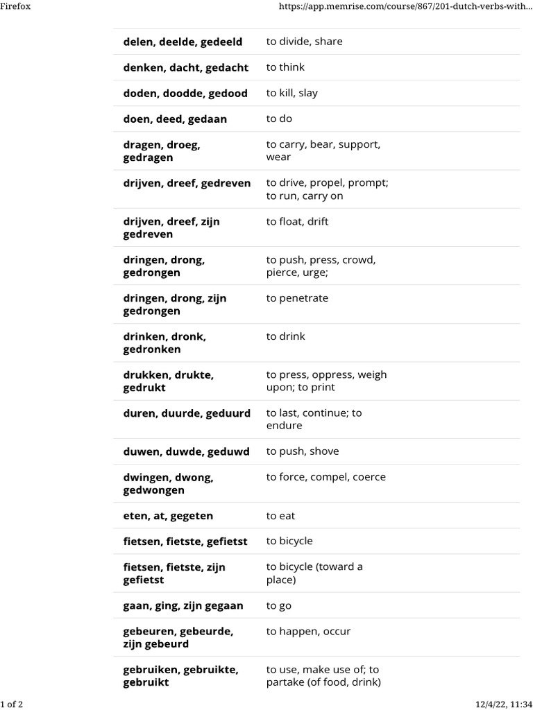 Level 2-26-50 - 201 Dutch Verbs With Past Tense - Memrise | PDF