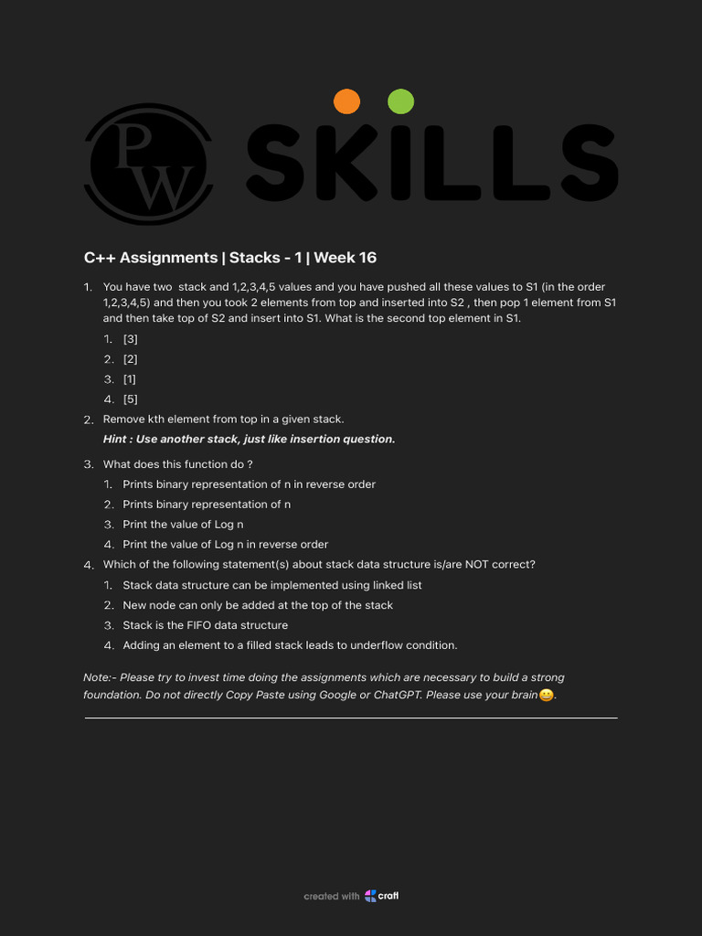 C++ Assignments Stacks - 1 Week | PDF