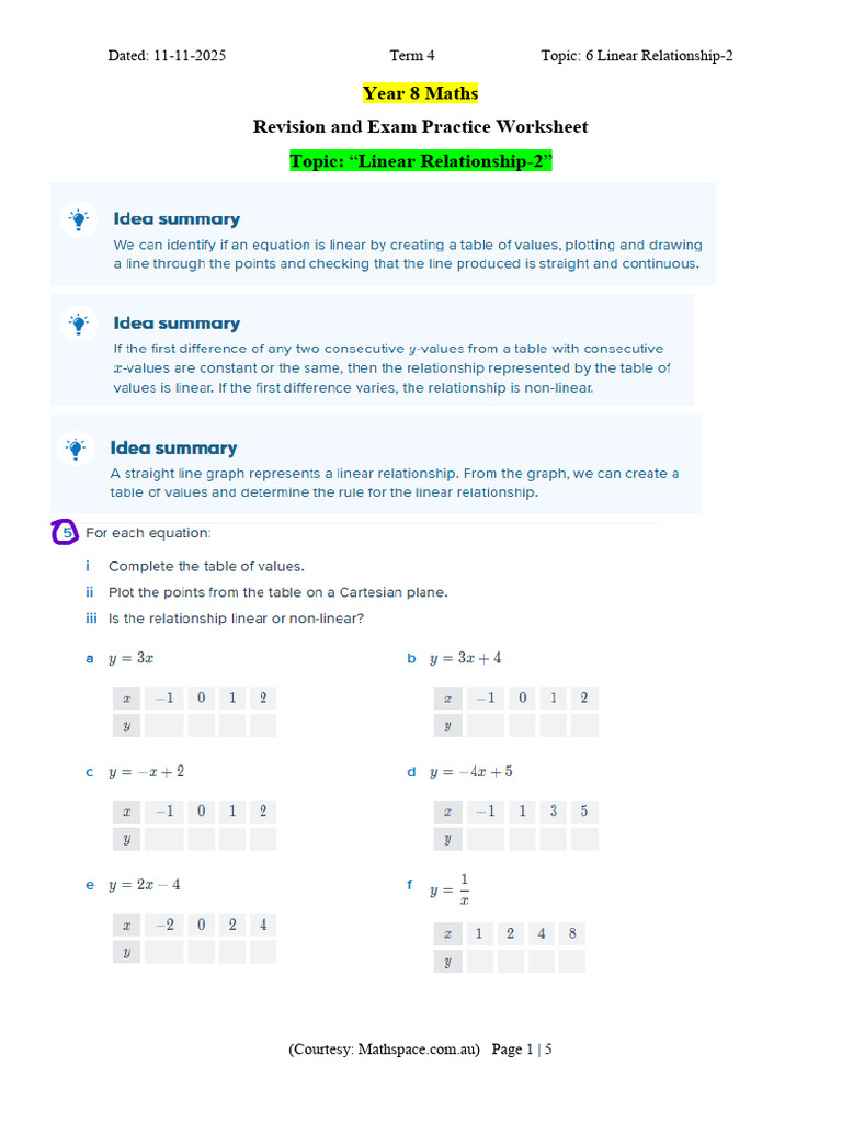 y8 Topic 2 Linear Relationships-2 Revision Practice Sheet [15!11!2025 ...