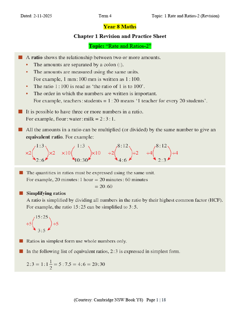 Y8 Topic 1 Rate and Ratios-2 Revision Practice Sheet (12!11!2025) | PDF