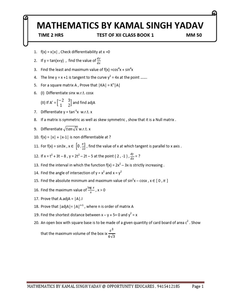 XII Class Mathematics Test Problems | PDF | Mathematical Physics ...