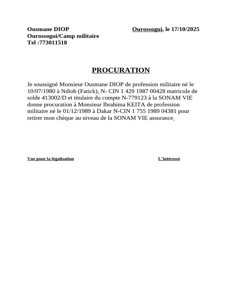 Procuration pour retrait de chèque | PDF