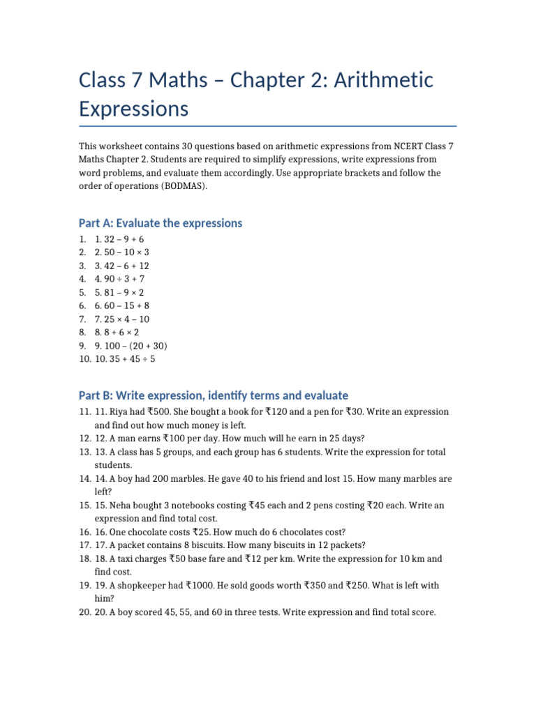 Class 7 Maths: Arithmetic Expressions Worksheet | PDF | Chess Theory ...
