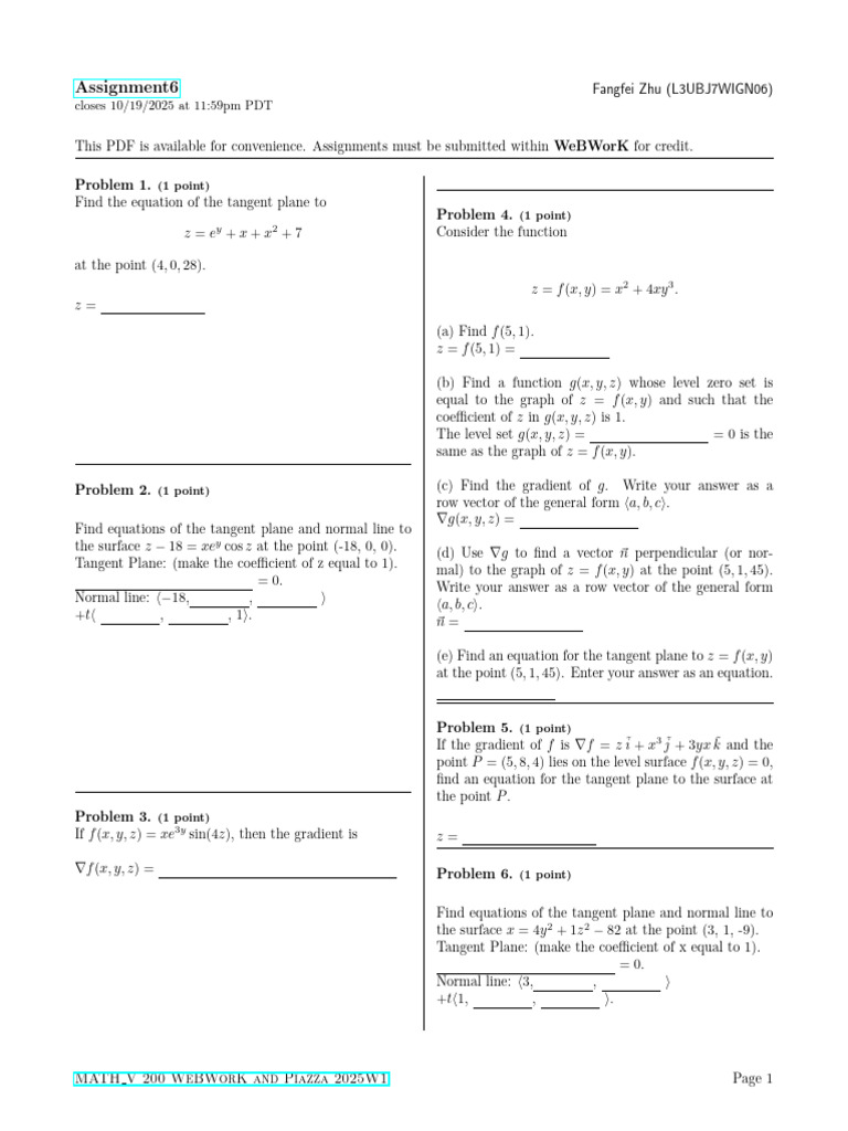 2025W1 V MATH V 200 WeBWorK and Piazza 2.L3UBJ7WIGN06.Assignment6 | PDF ...