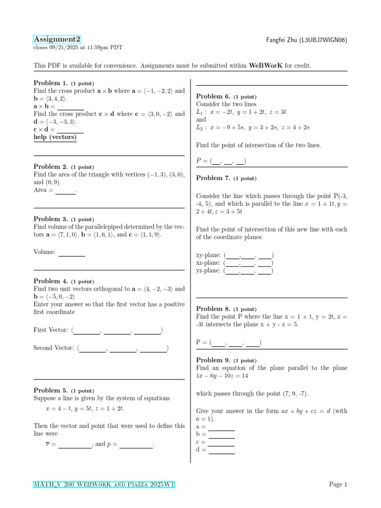 MATH V 200 Assignment 2 Problems | PDF | Line (Geometry) | Equations