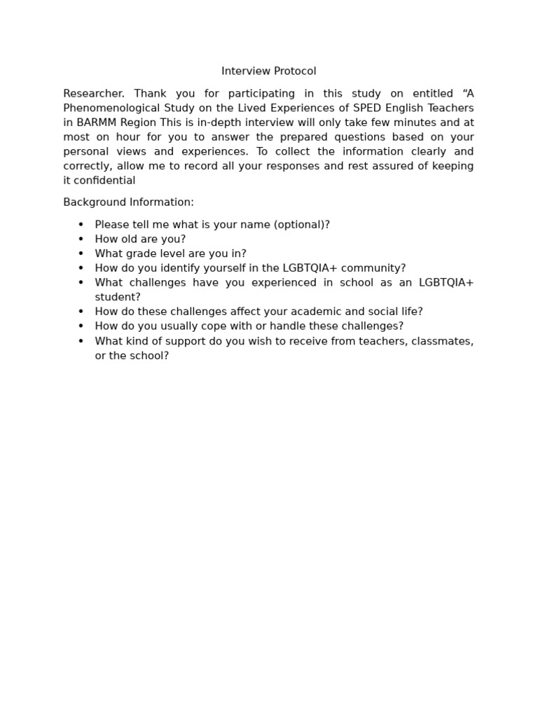 Interview Protocol (f) | PDF | Adolescence | Psychological Concepts