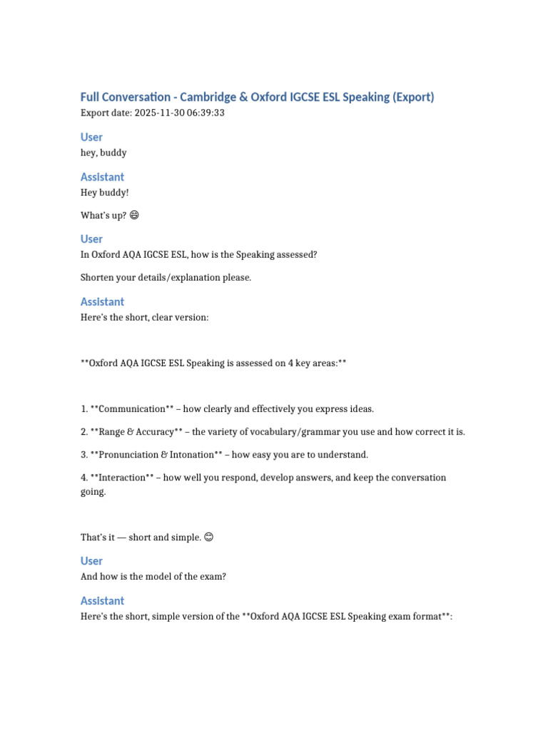 Cambridge IGCSE ESL Speaking Exam Guide | PDF | Human Communication ...