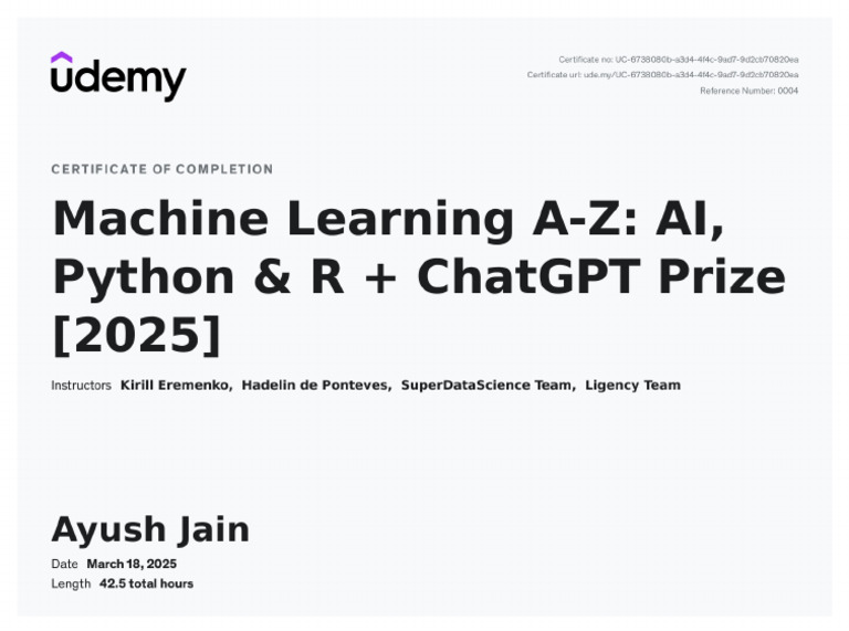 Machine Learning Udemy Certificate | PDF