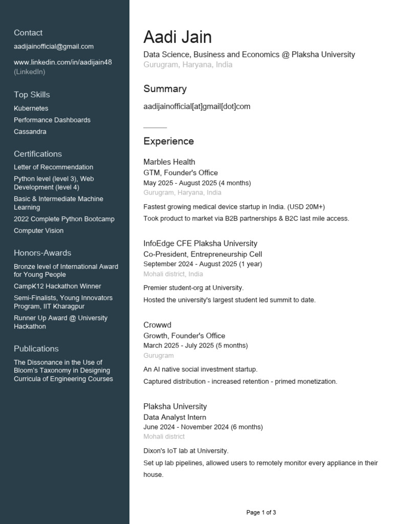 Aadi Jain's Professional Profile Summary | PDF | Computing