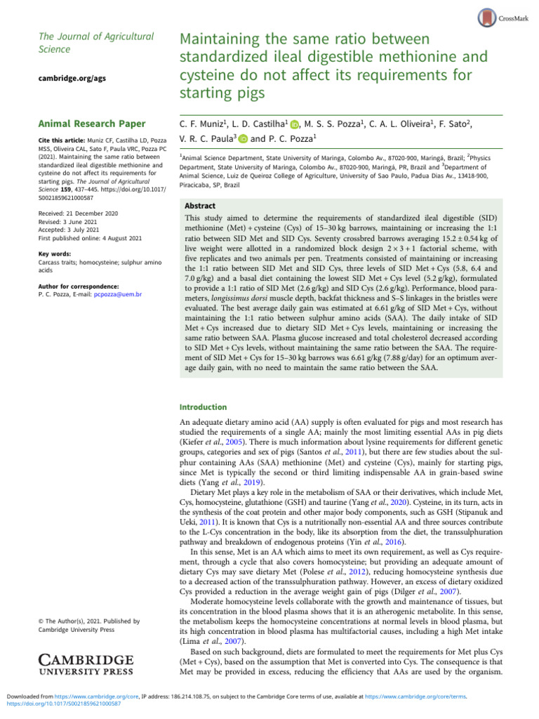 Methionine-Cysteine Ratio in Pigs | PDF | Glutathione | Cysteine