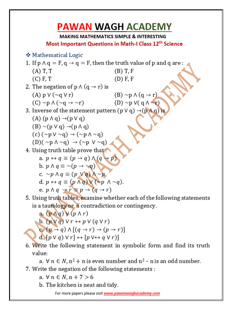 Class 12 Math Important Questions | PDF | Logic | Mathematics
