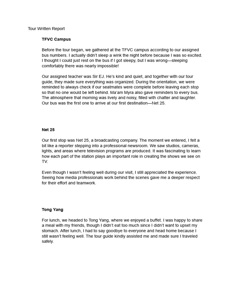 Tour Written Report | PDF