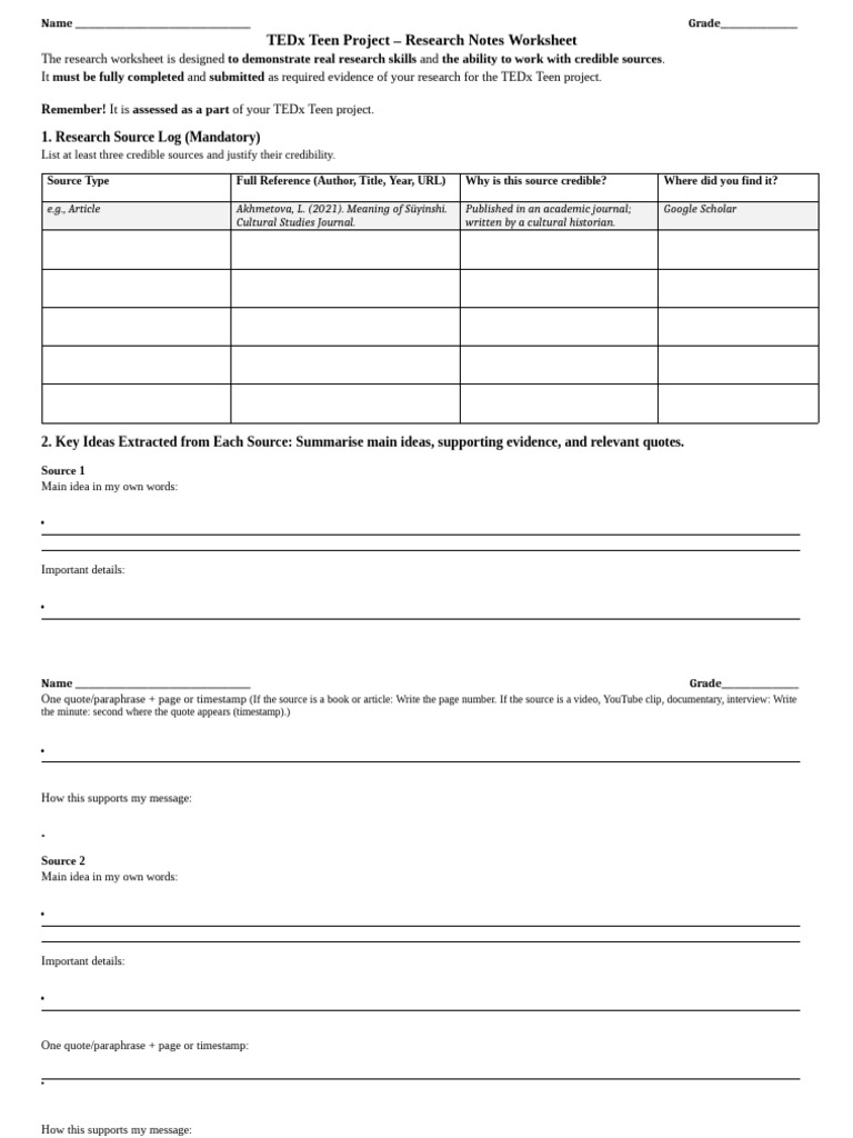 TEDx Teen Project Research Worksheet | PDF